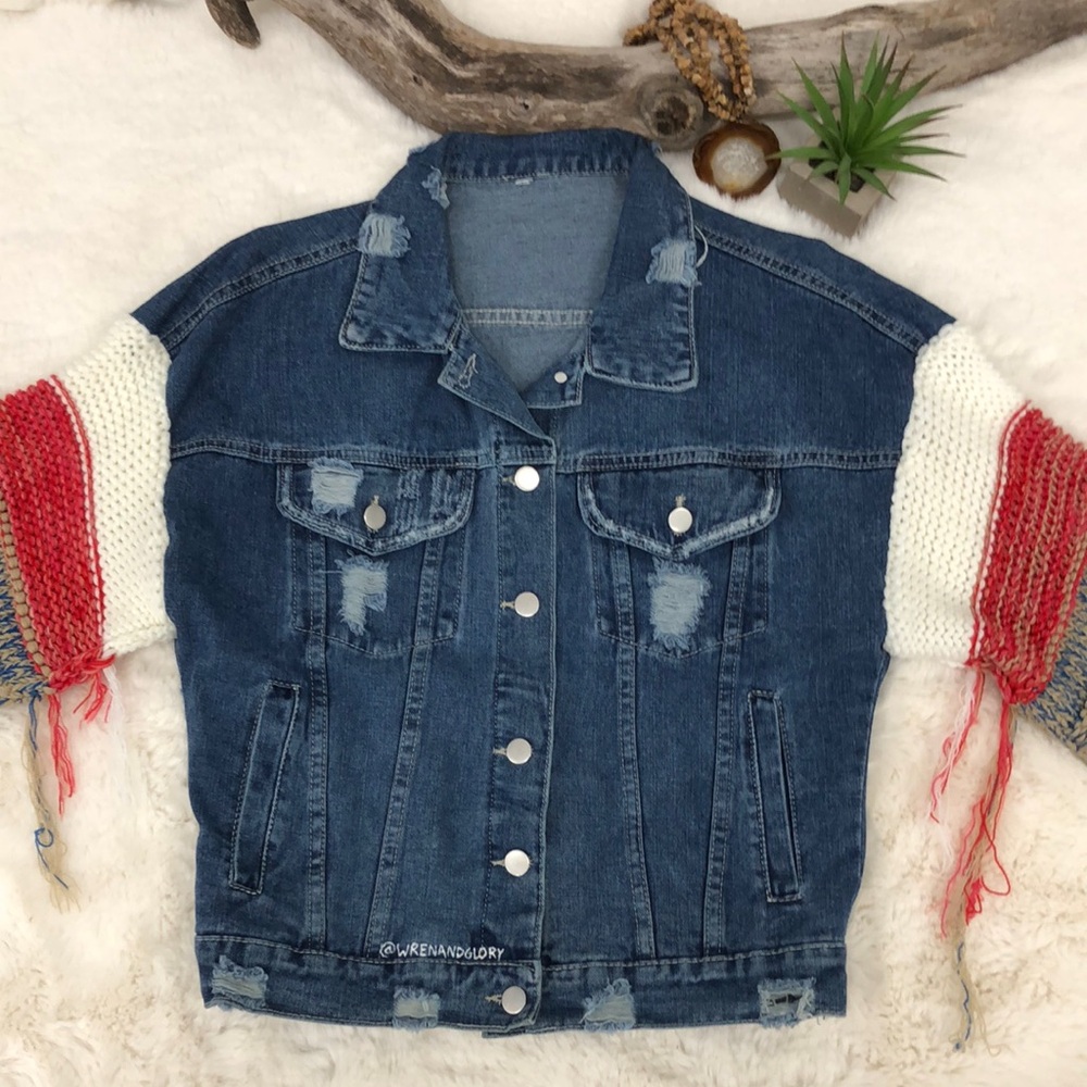 4th of July Reworked Upcycled Jean Jacket with Sweater Arms Size Medium